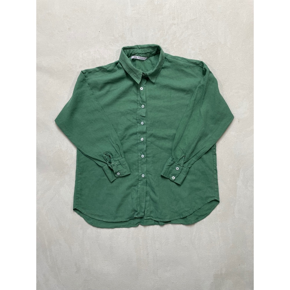 Zara Womens Green Linen Blend Button Down Long Sleeve Shirt Size S Small